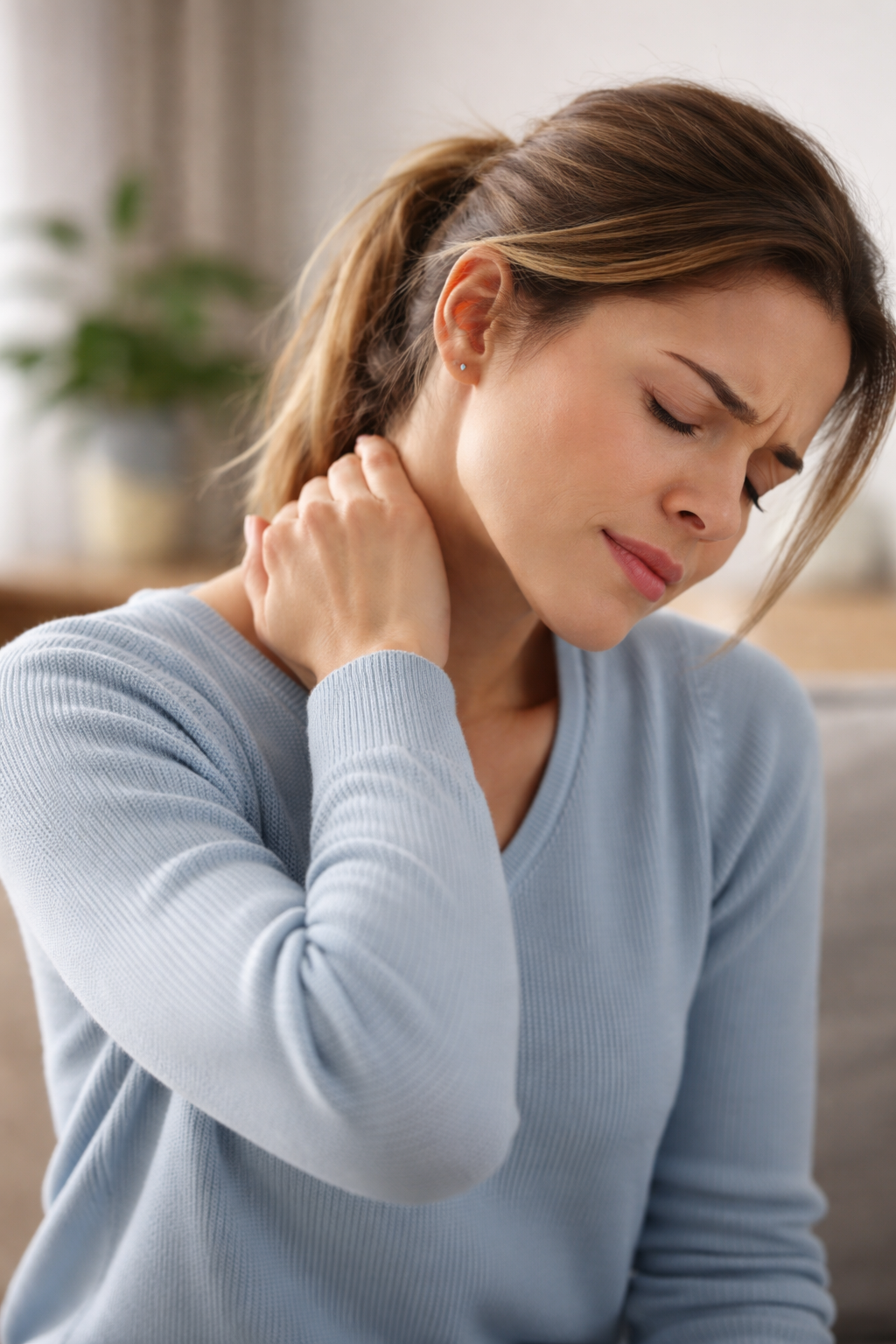 Persona con dolor cervical por estrés sujetándose la zona cervical