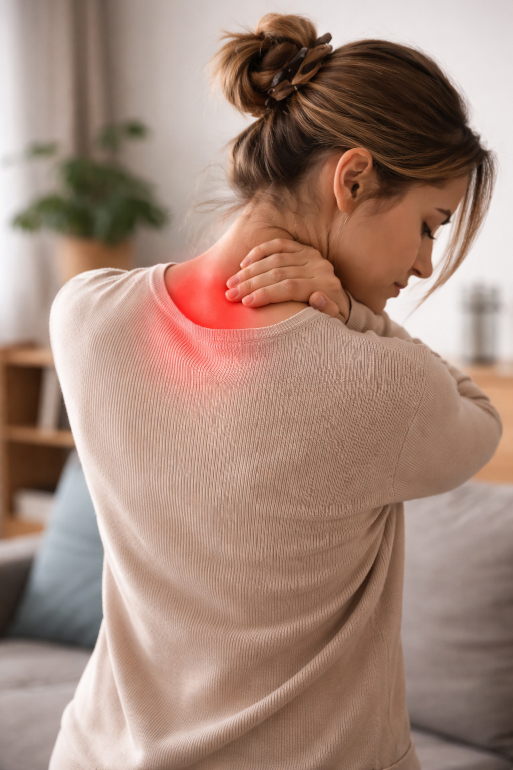 Persona con contracturas en la espalda sujetándose la zona dorsal y trapecio