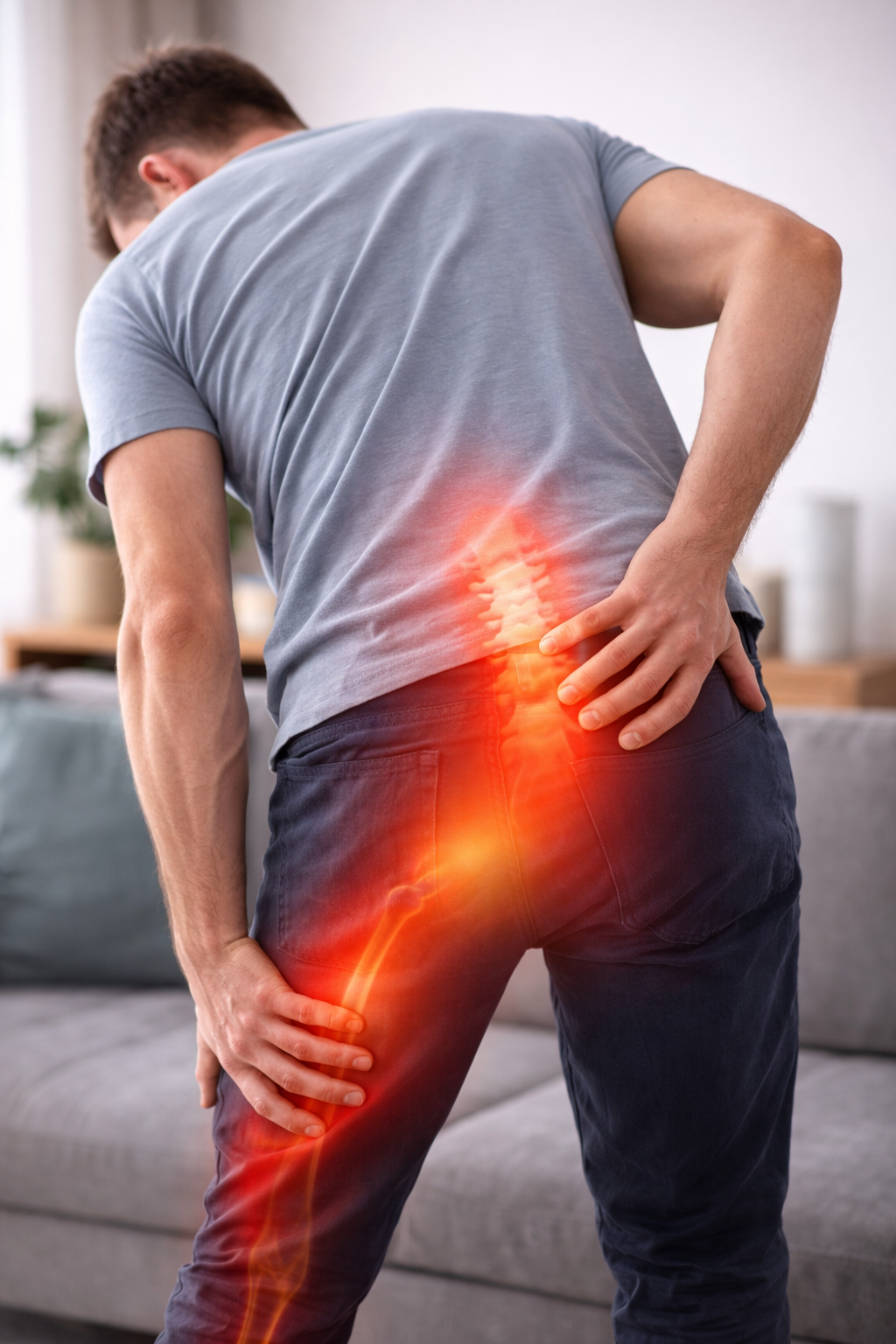 Persona con ciática, sujetándose la zona lumbar y la pierna