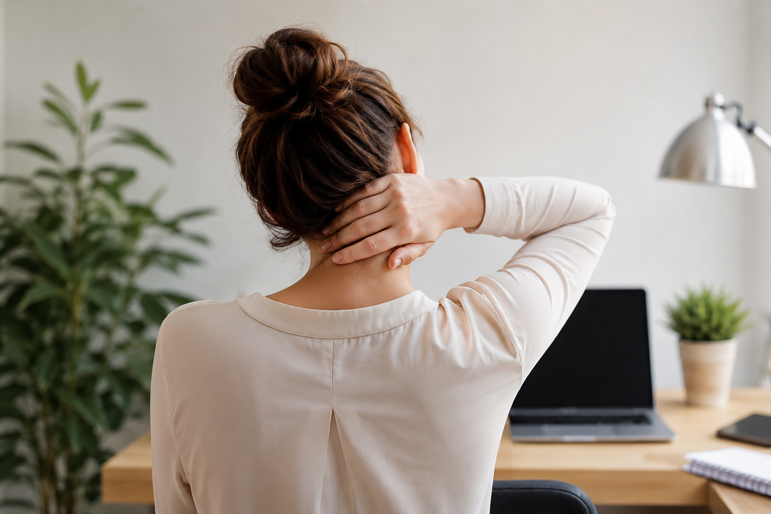 Dolor cervical y tensión en el cuello por estrés y trabajo de oficina